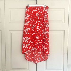 J. Crew red and white floral print tulip high low midi skirt